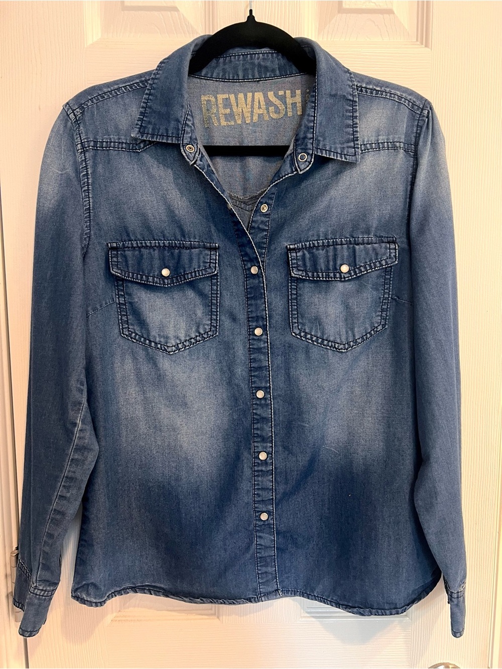 Y2K Pearl Snap Mid Wash Denim Chambray Button Front Western Roll-Tab Shirt Top L